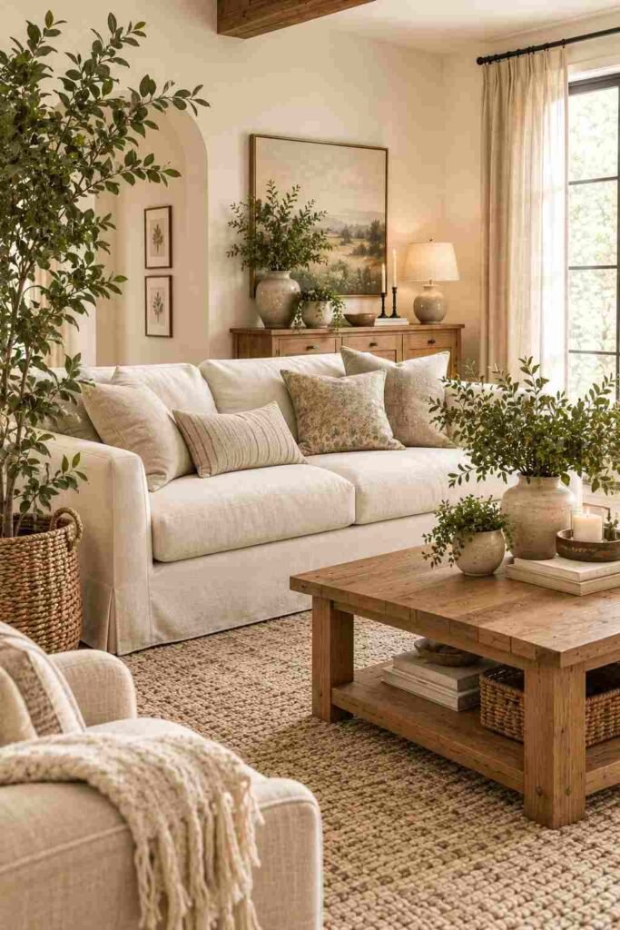Modern farmhouse living room decorated with leafy green plants, woven baskets, cream seating, and natural wood.