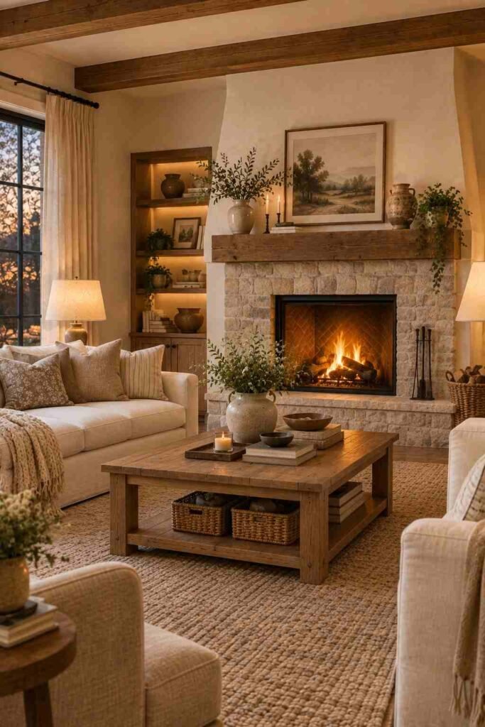 Cozy modern farmhouse living room with a natural stone fireplace, wooden mantel, cream sofa, and warm firelight.