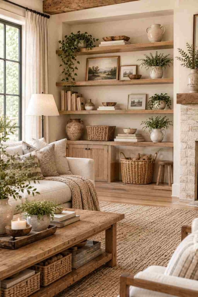 Open farmhouse shelves styled with ceramics, framed art, books, woven baskets, and greenery.