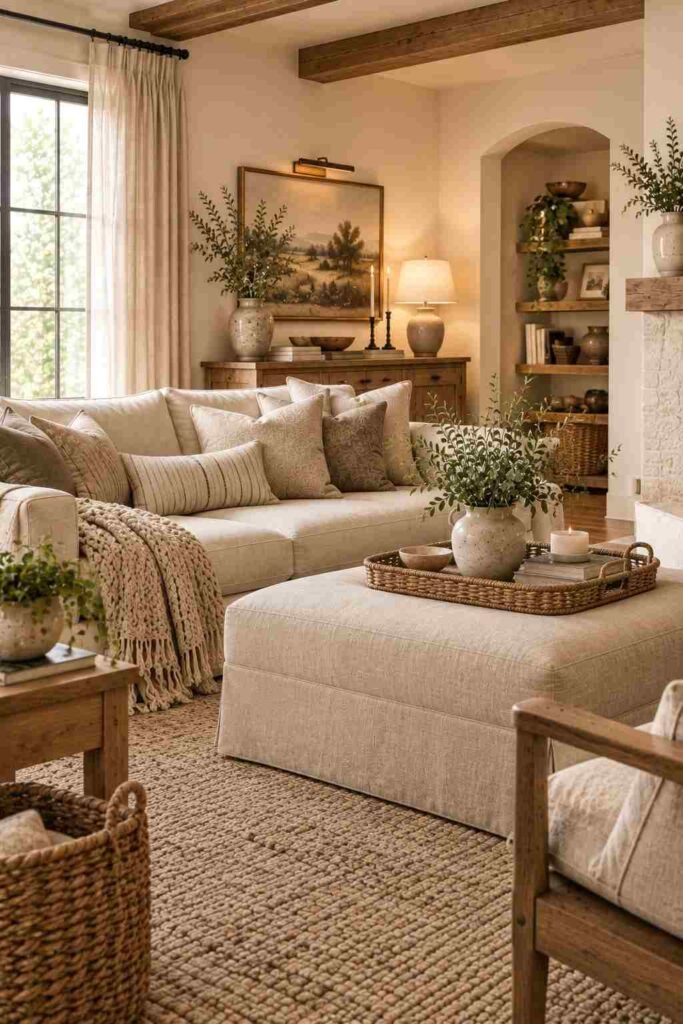 Soft oversized beige ottoman styled with a woven tray in a cozy modern farmhouse living room.