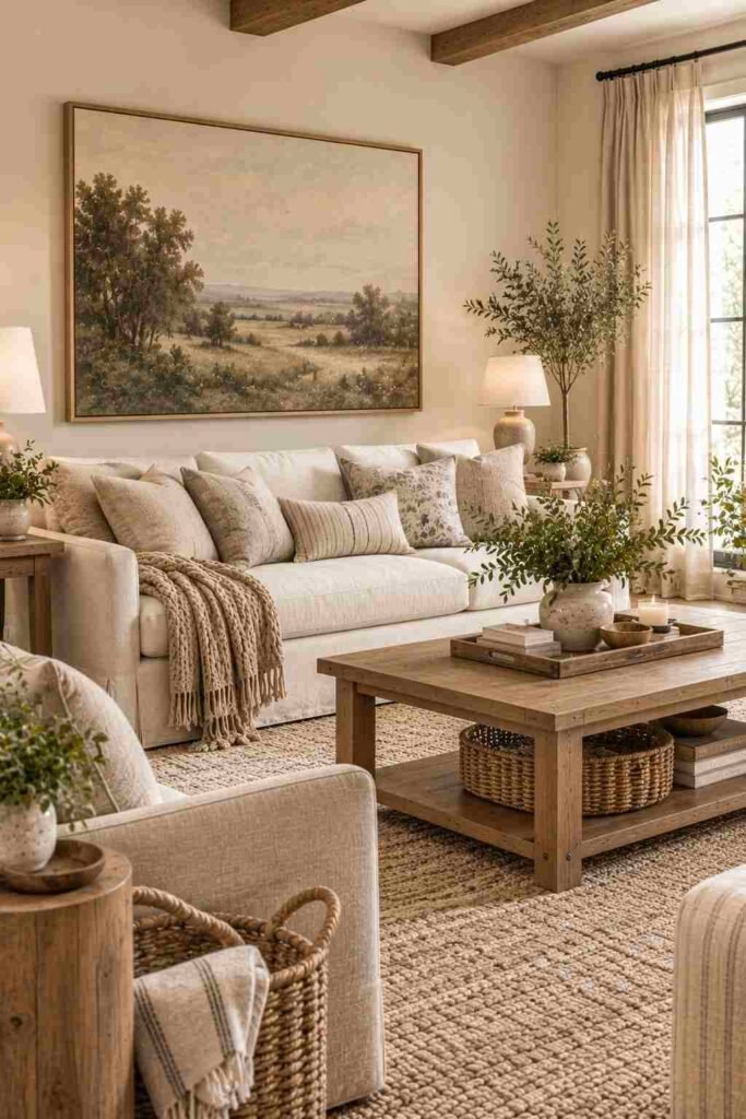 Oversized neutral landscape artwork above a cream sofa in a modern farmhouse living room.