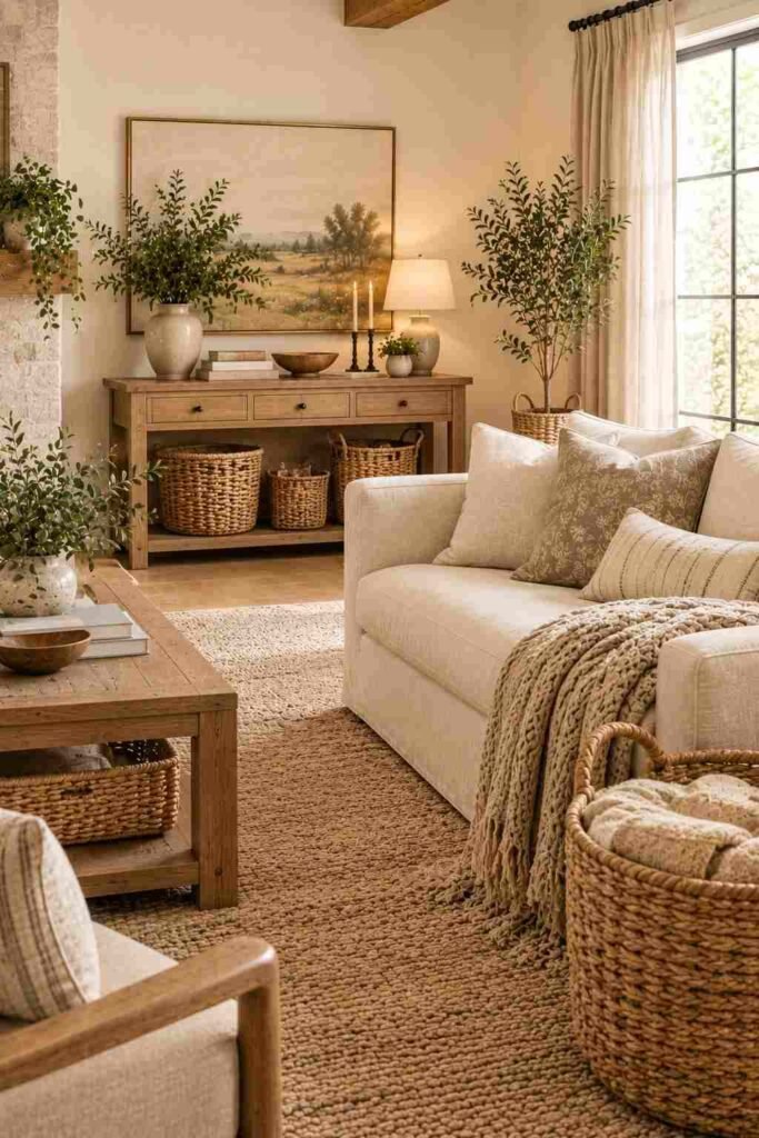 Natural woven baskets holding blankets and decor in a warm modern farmhouse living room.