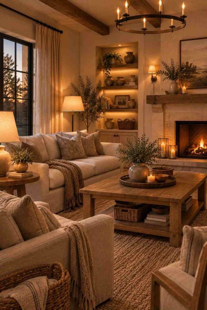 Modern farmhouse living room with layered warm lighting, cream seating, natural wood, and cozy neutral textures.