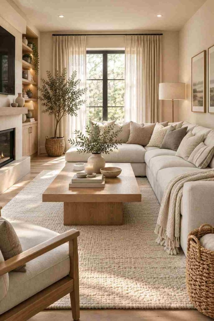  Modern living room decorated with warm neutral colors, oak furniture, textured cushions, and a soft area rug.

