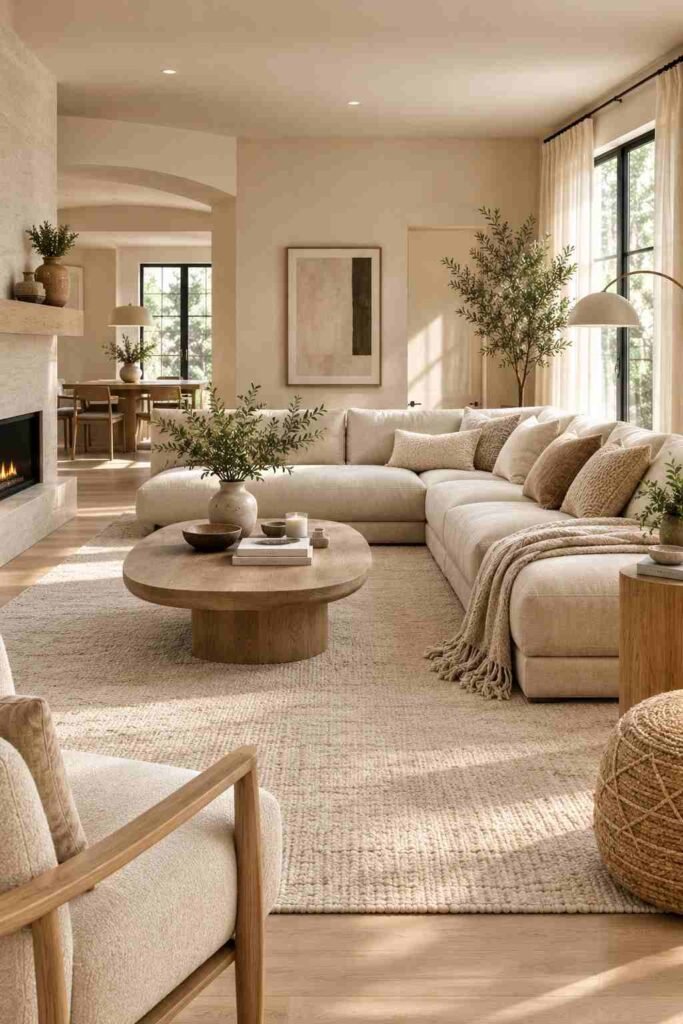  Modern living room featuring a low-profile beige sofa with clean lines and cozy textured cushions.
