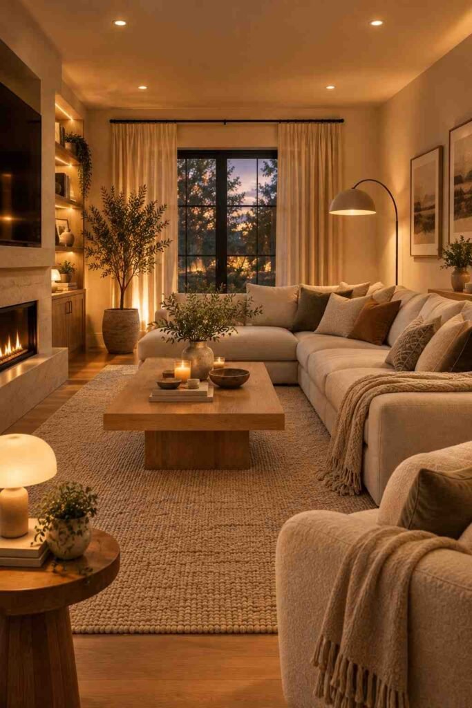  Modern living room with layered warm lighting, floor lamp, table lamp, and cozy neutral furniture.

