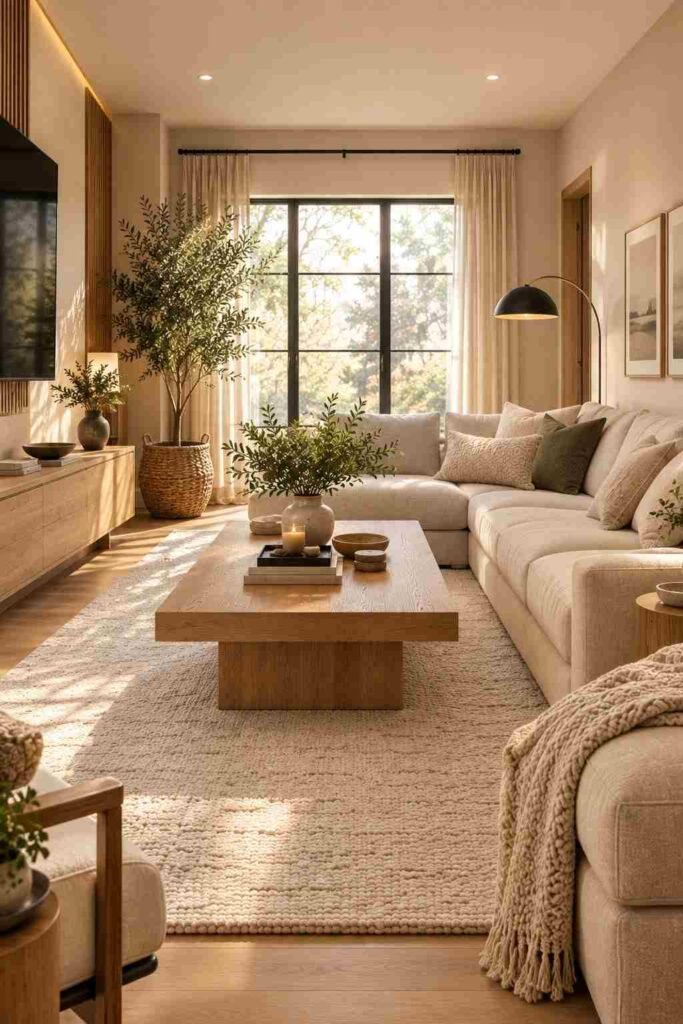  Modern living room with natural oak furniture, beige sofa, cream rug, and organic decorative accents.
