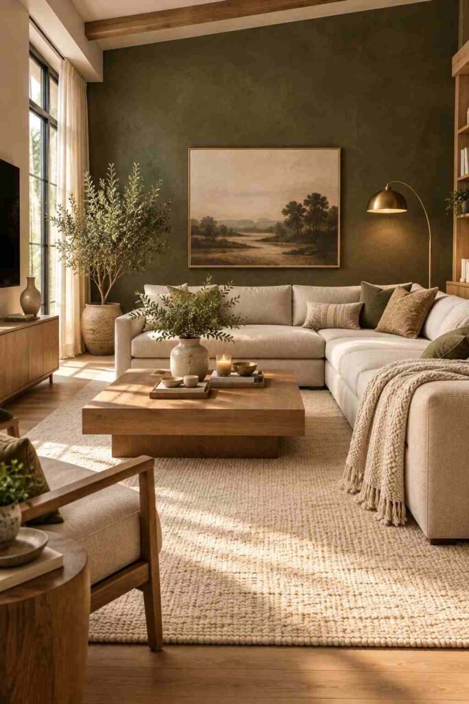  Modern living room with an olive green accent wall, beige sofa, oak table, and neutral decor.
