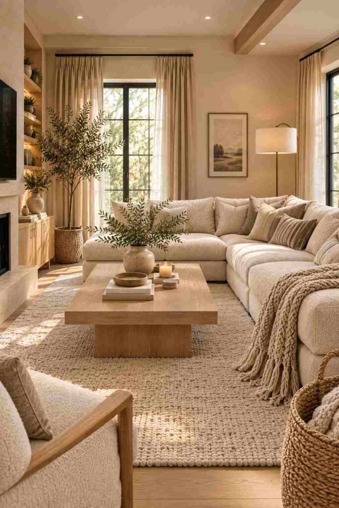  Cozy modern living room with boucle sofa, linen cushions, knitted throw, and layered textured rug.
