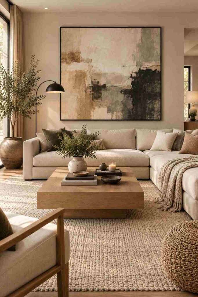  Modern living room with oversized abstract artwork above a beige sofa and neutral contemporary decor.
