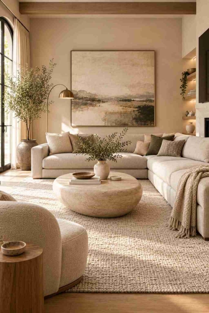  Modern living room with a sculptural rounded stone coffee table and neutral contemporary furniture.
