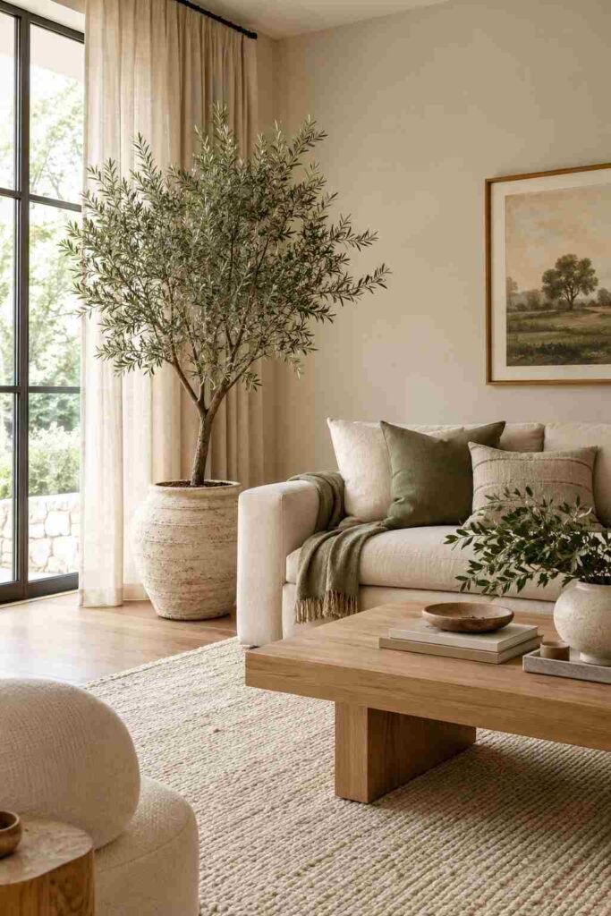  Modern living room with a tall olive tree, beige sofa, natural wood furniture, and neutral decor.
