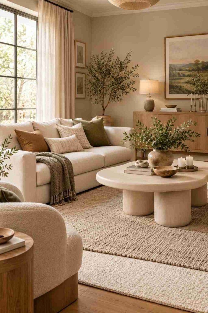  Modern living room with layered neutral rugs, beige sofa, oak furniture, and cozy textured decor.
