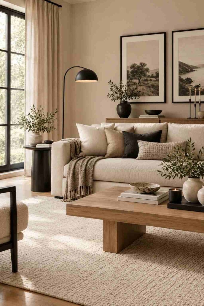  Modern living room using black accents with beige furniture, natural wood, and neutral decor.
