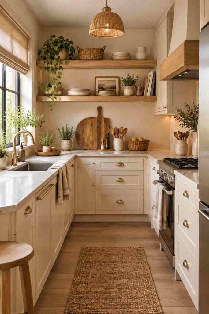  Small apartment kitchen decorated with warm wood accents and cream cabinetry.
