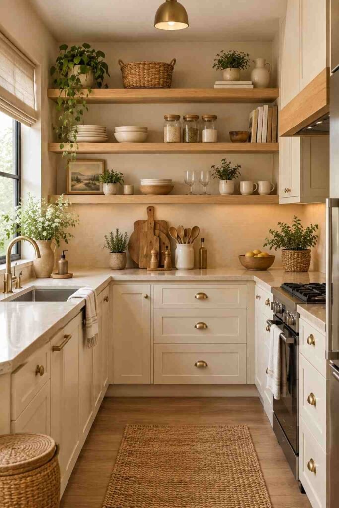  Apartment kitchen with organized open wooden shelves and neutral ceramic decor.

