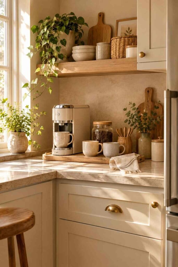  Cozy apartment kitchen coffee corner with wooden tray, mugs, coffee maker, and greenery.