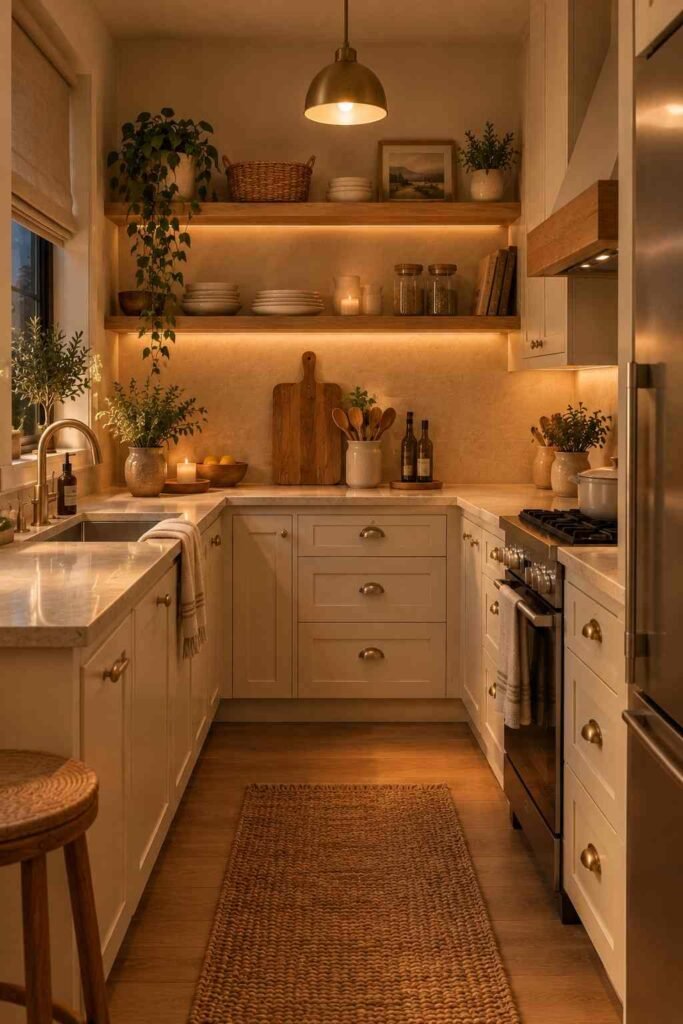  Small apartment kitchen with warm under-cabinet lighting and brass pendant light.
