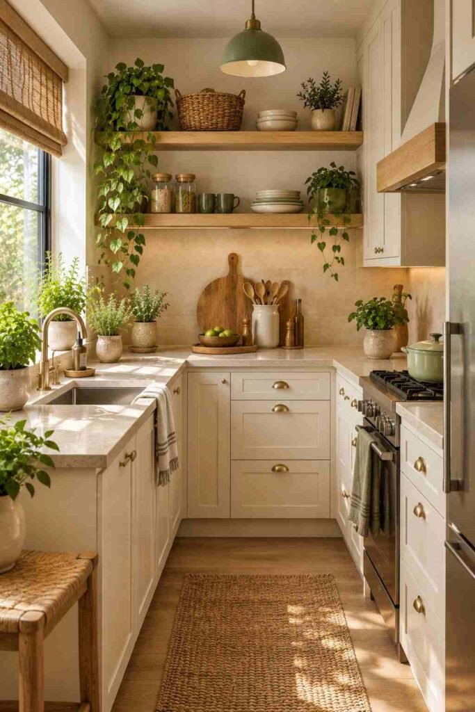  Bright apartment kitchen decorated with potted herbs, trailing greenery, and natural wood.
