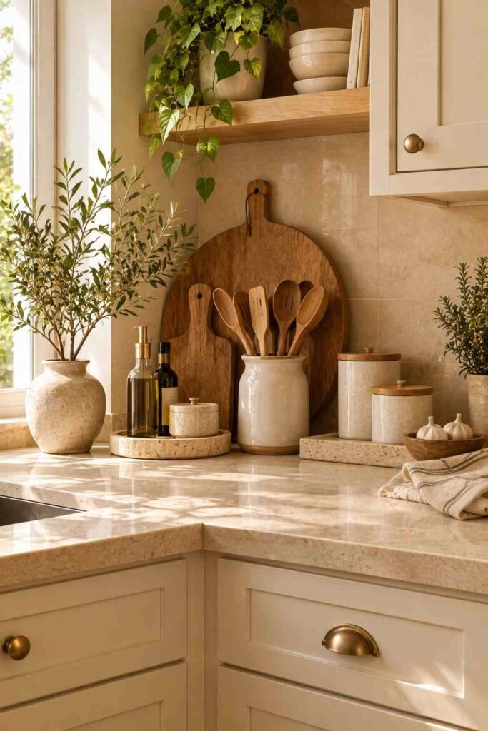  Stylish apartment kitchen countertop with wooden boards, ceramic accessories, and neutral decor.

