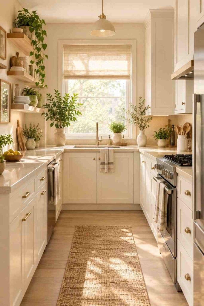  Light and airy small apartment kitchen with cream cabinets and pale wood accents.
