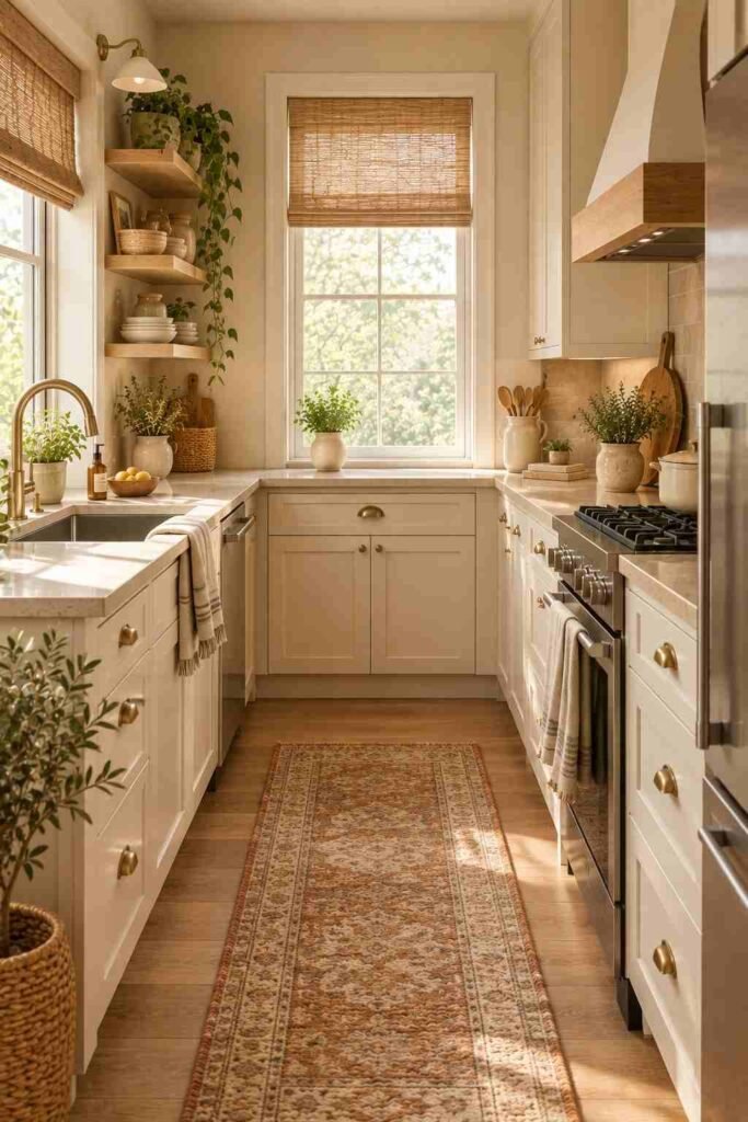  Small apartment kitchen with a warm beige and terracotta runner rug.
