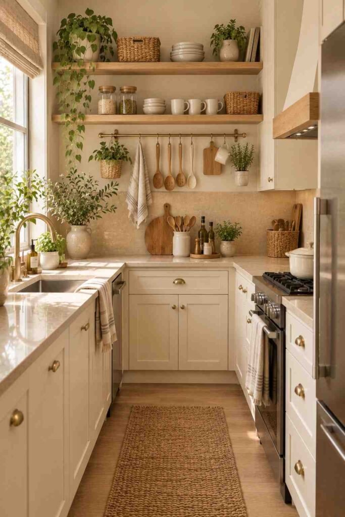  Small apartment kitchen using vertical shelves, hanging utensils, and woven storage baskets.
