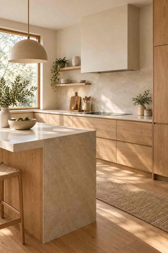 Warm light oak cabinets with simple flat fronts in a peaceful Japandi kitchen.