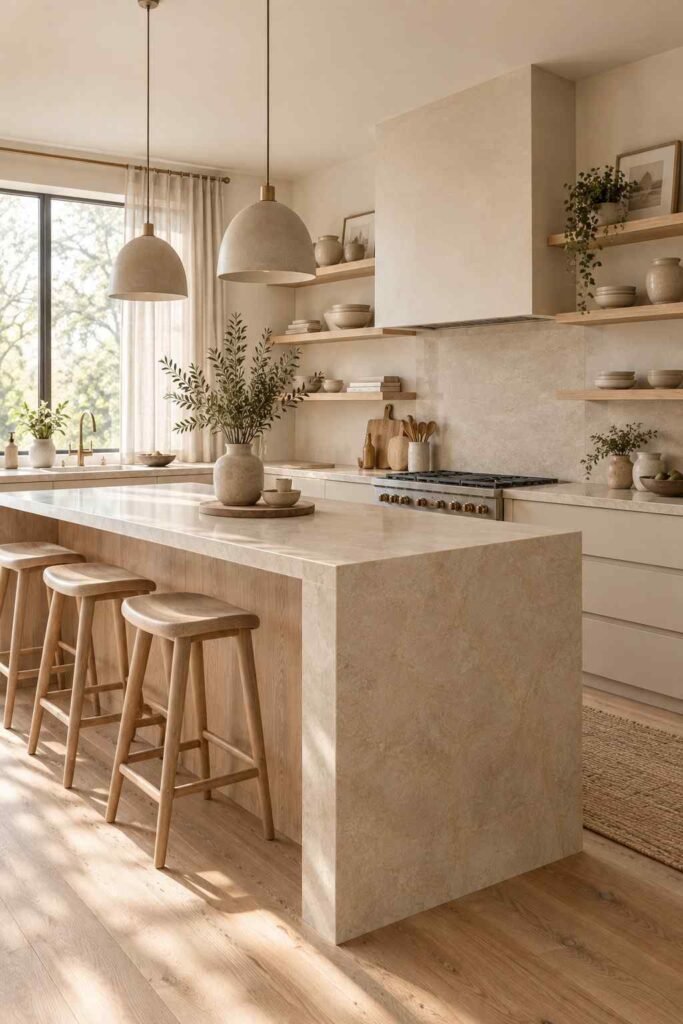 Japandi kitchen with warm white, beige, greige, and pale wood finishes.