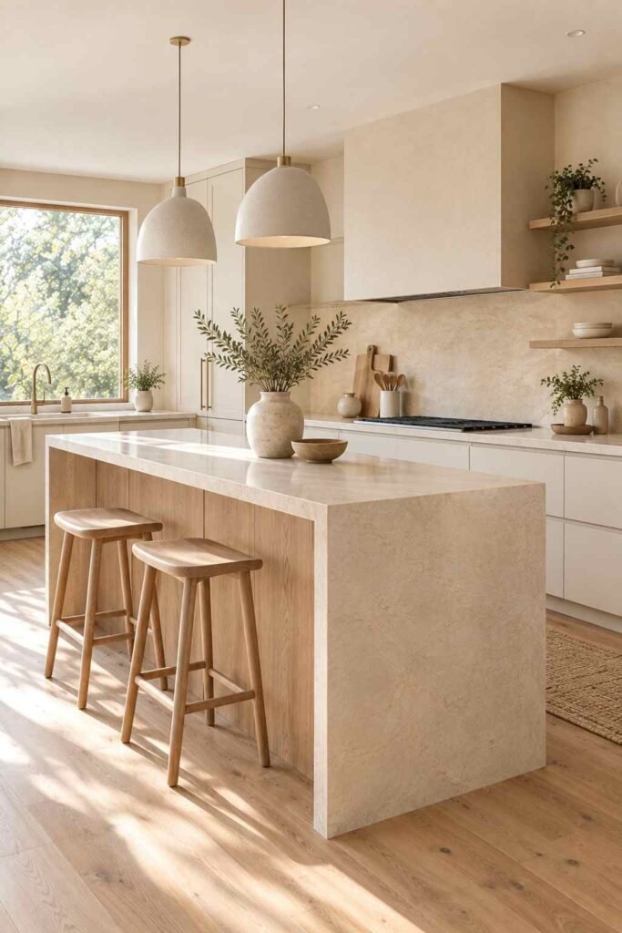 Minimalist Japandi kitchen island with pale oak cabinets, a cream stone top, and wooden stools.