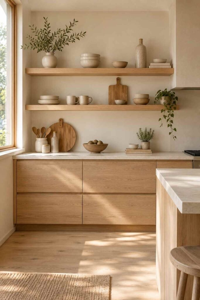 Open oak shelves displaying neutral ceramic dishes and simple decor in a Japandi kitchen.