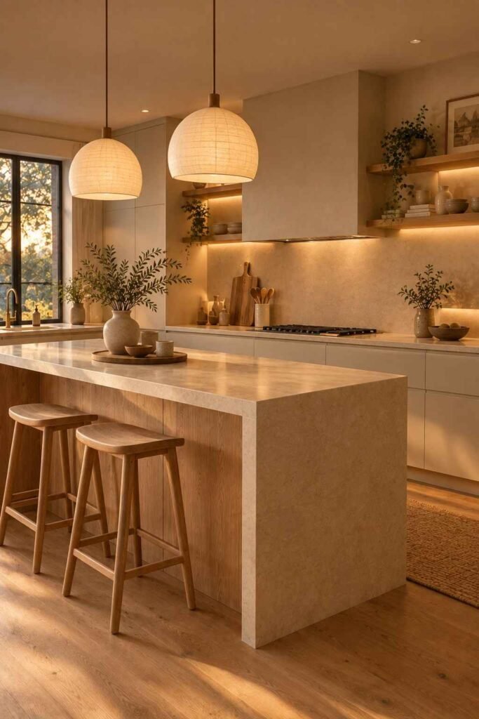 Warm pendant lighting above a pale wood island in a cozy Japandi kitchen.