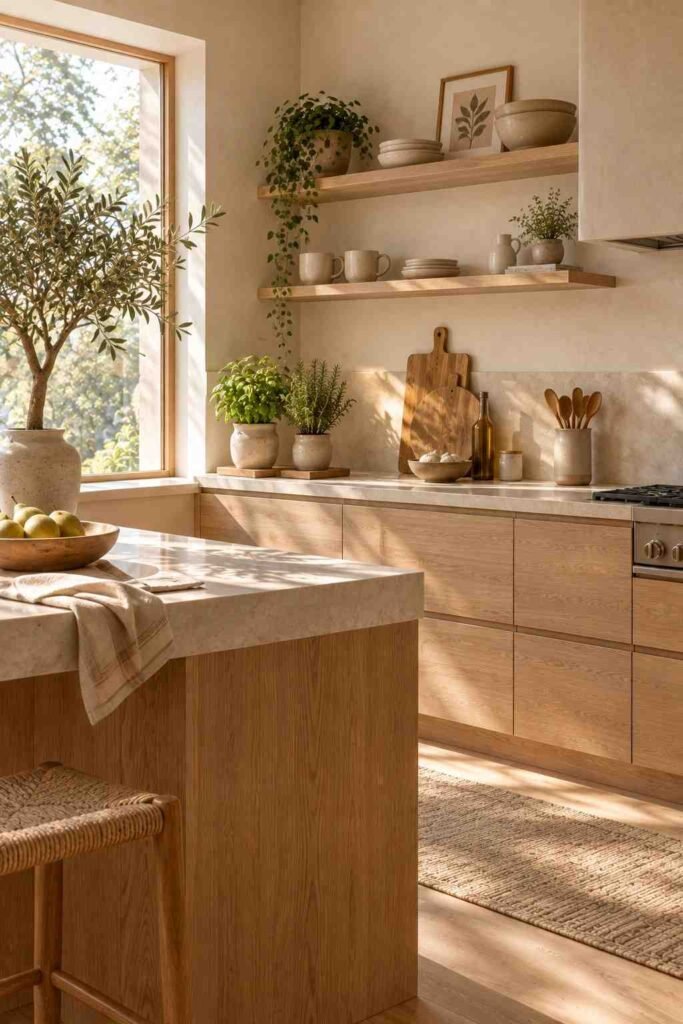 Japandi kitchen with an olive tree, potted herbs, and natural wood cabinetry.