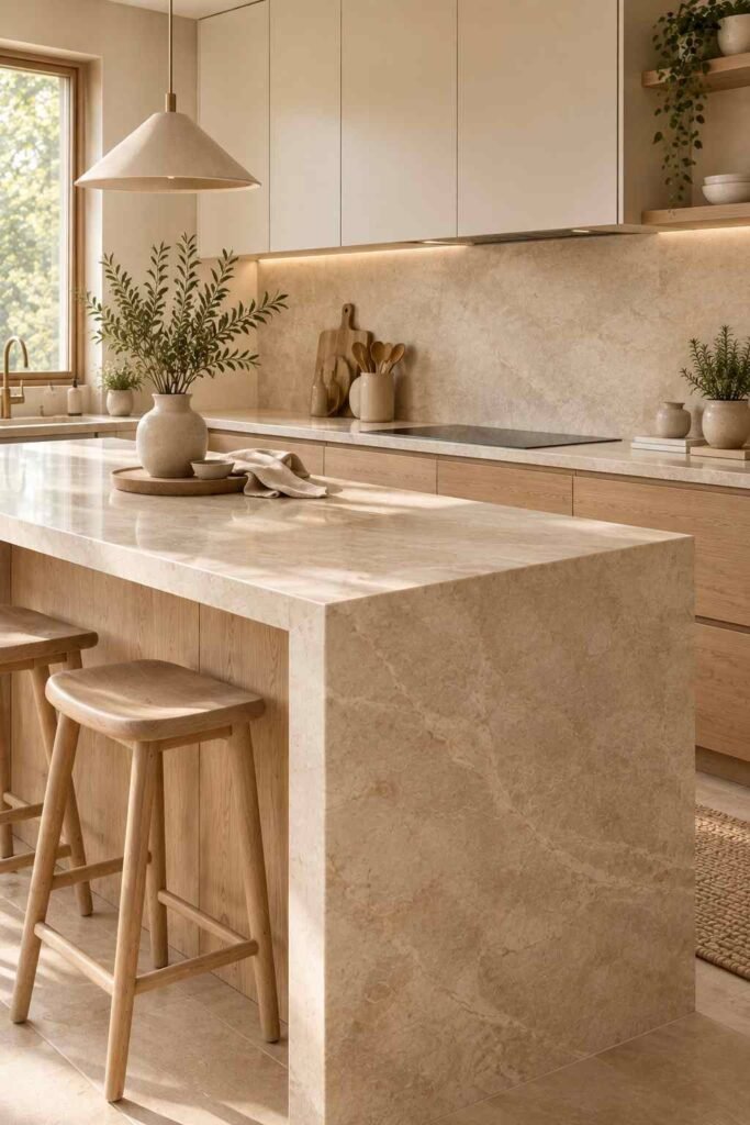 Natural beige limestone countertop paired with pale oak cabinetry in a Japandi kitchen.