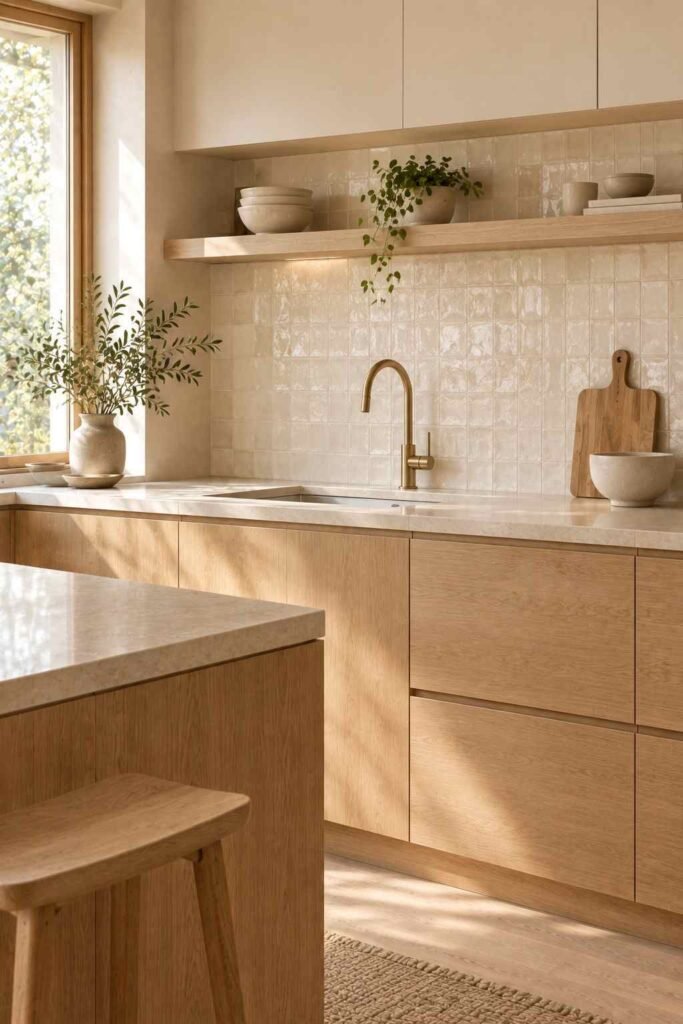Handmade warm white textured tile backsplash in a natural oak Japandi kitchen.