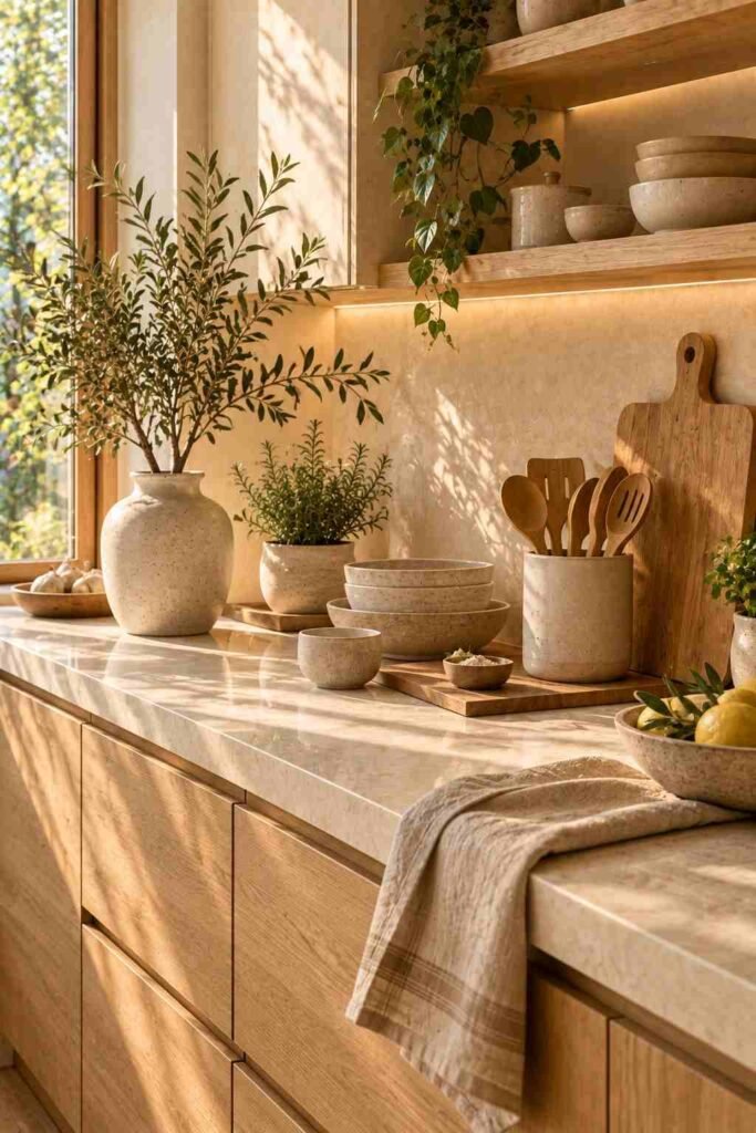 Handmade neutral ceramics, a wooden cutting board, and linen details on a Japandi kitchen counter.