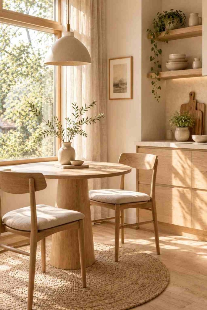 Cozy Japandi breakfast nook with a round oak table, wooden chairs, and soft linen cushions.