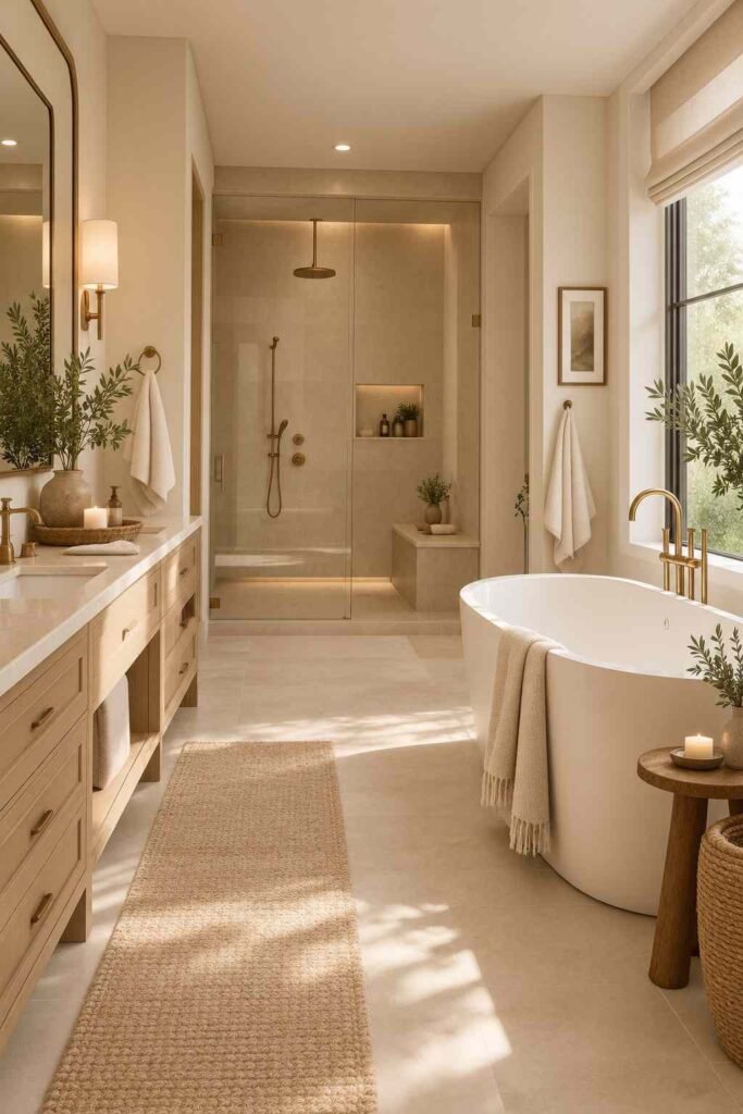 Alt Text:
Spa-like primary bathroom with warm neutral colors, limestone, oak cabinetry, and a freestanding bathtub.