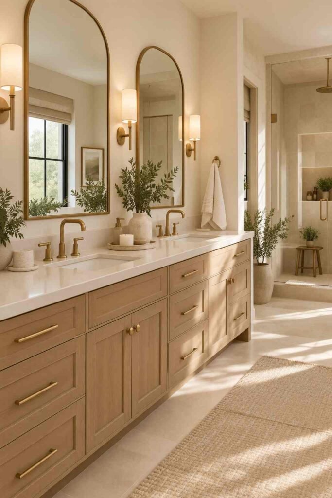 Alt Text:
Elegant primary bathroom with a light oak double vanity, rounded mirrors, brass fixtures, and warm lighting.