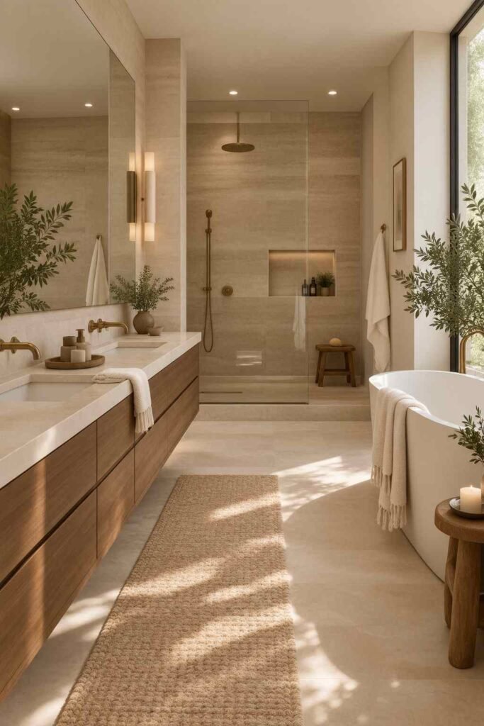 Alt Text:
Organic primary bathroom combining travertine stone, walnut cabinetry, limestone, and warm natural details.