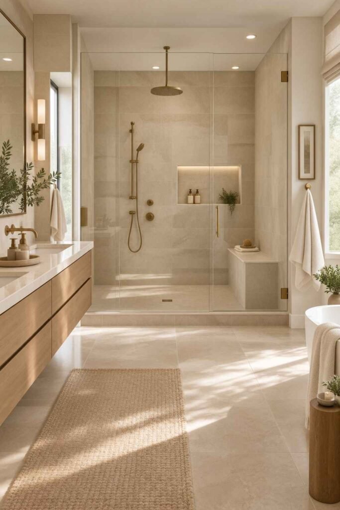 Alt Text:
Modern primary bathroom featuring a frameless glass walk-in shower with beige tile and brass fixtures.