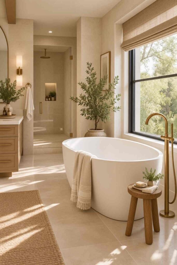 Alt Text:
Elegant primary bathroom with an oval freestanding bathtub beside a large window and warm oak accents.