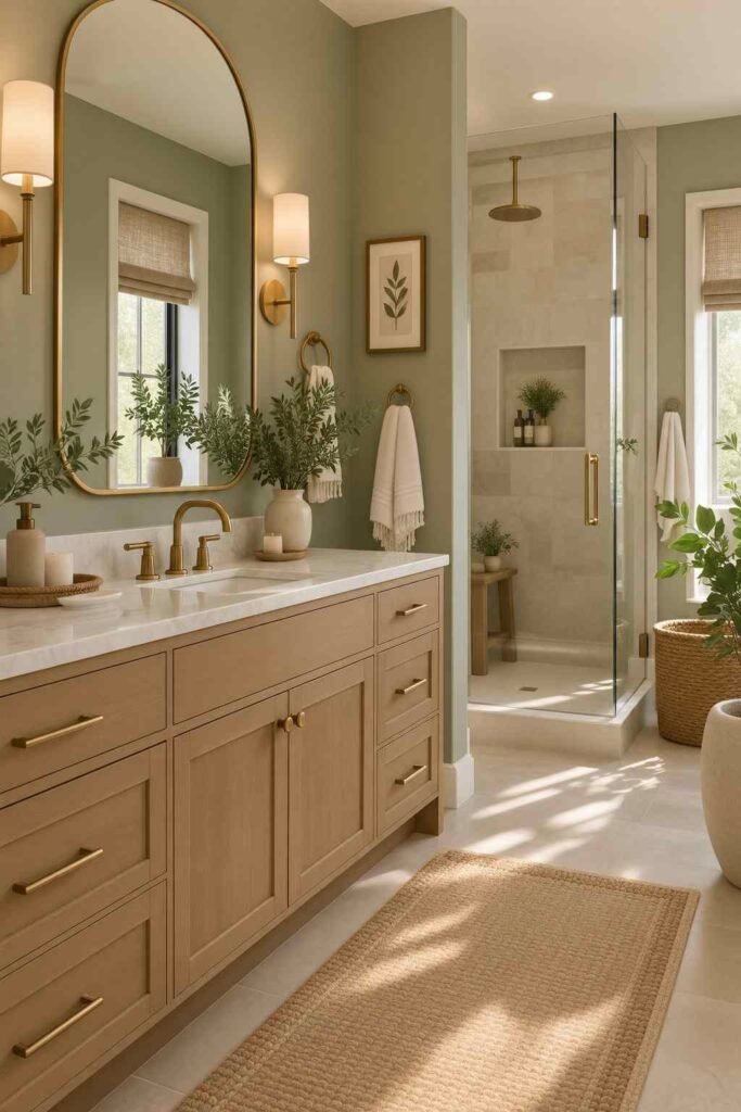 Alt Text:
Calming sage green primary bathroom with an oak vanity, brass mirror, marble countertop, and greenery.