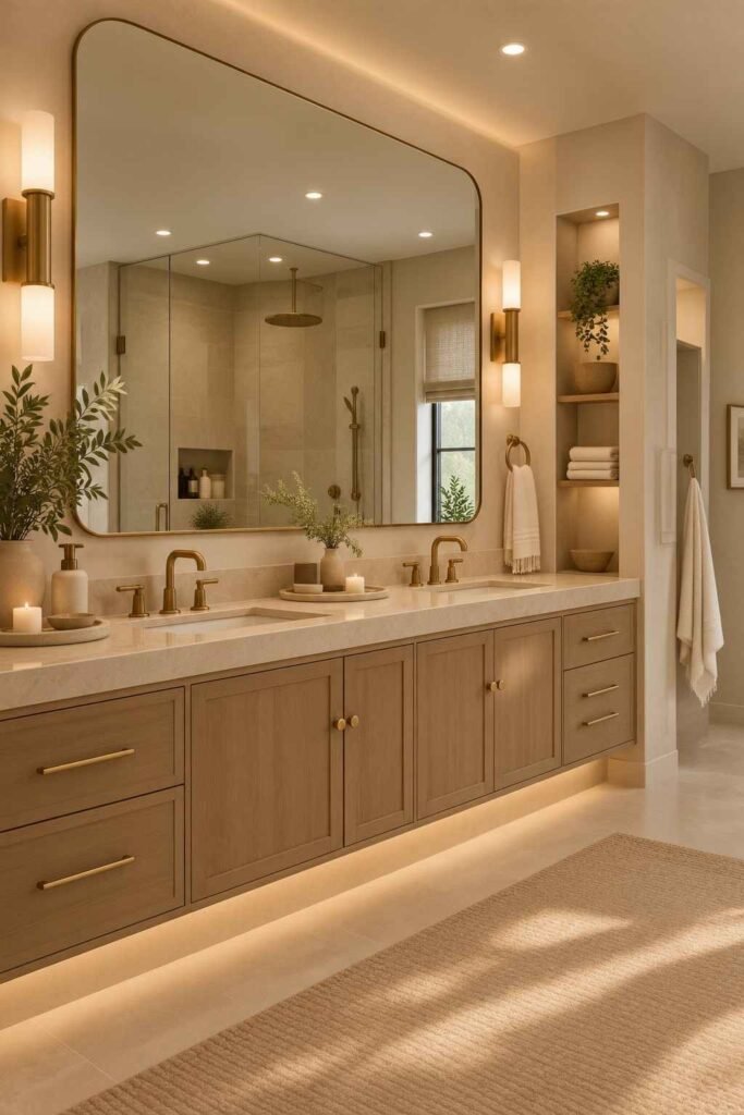 Alt Text:
Sophisticated primary bathroom with layered lighting, brass sconces, oak cabinetry, and a large mirror.