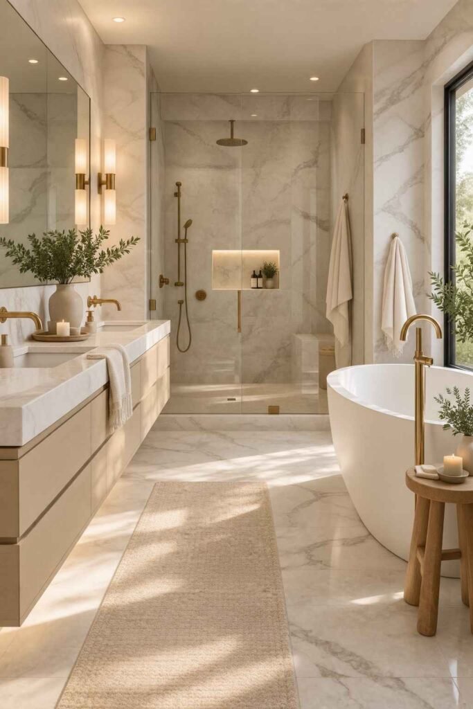 Alt Text:
Sophisticated primary bathroom with layered lighting, brass sconces, oak cabinetry, and a large mirror.