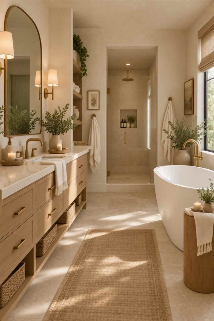 Alt Text:
Cozy primary bathroom with textured plaster walls, oak vanity, woven baskets, and warm neutral finishes.