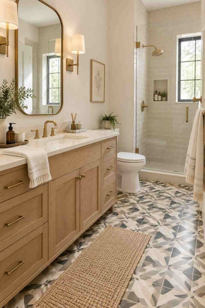 Alt Text:
Stylish primary bathroom with patterned geometric floor tiles, oak vanity, brass fixtures, and neutral walls.
