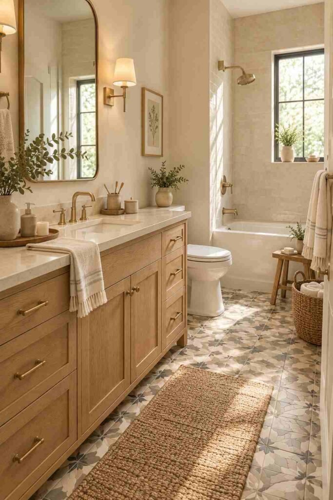 Alt Text:
Warm organic primary bathroom decorated with wooden accessories, woven baskets, linen towels, and greenery.