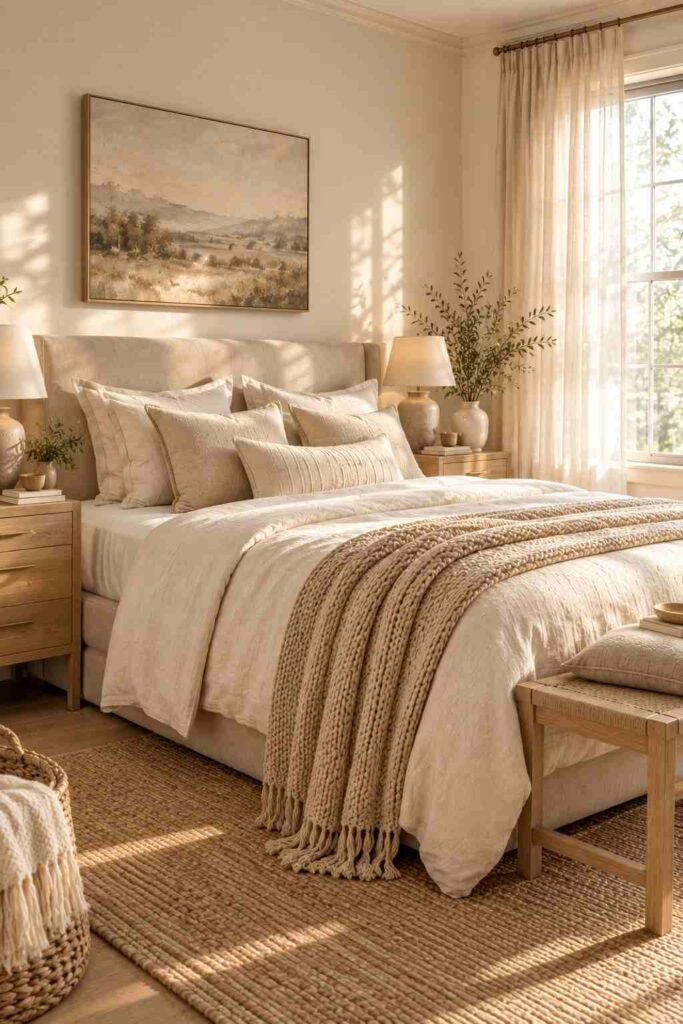Alt text: Warm beige and cream bedroom with layered linen bedding, light oak furniture, and a soft neutral rug.