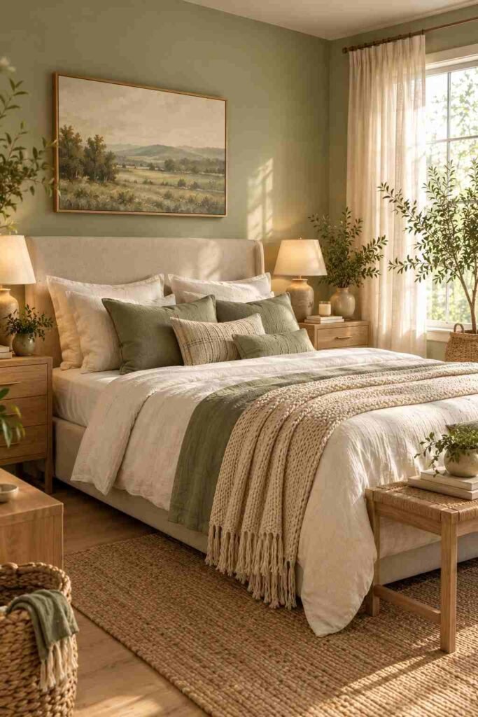 Alt text: Sage green bedroom with soft white bedding, natural oak furniture, and leafy plants.